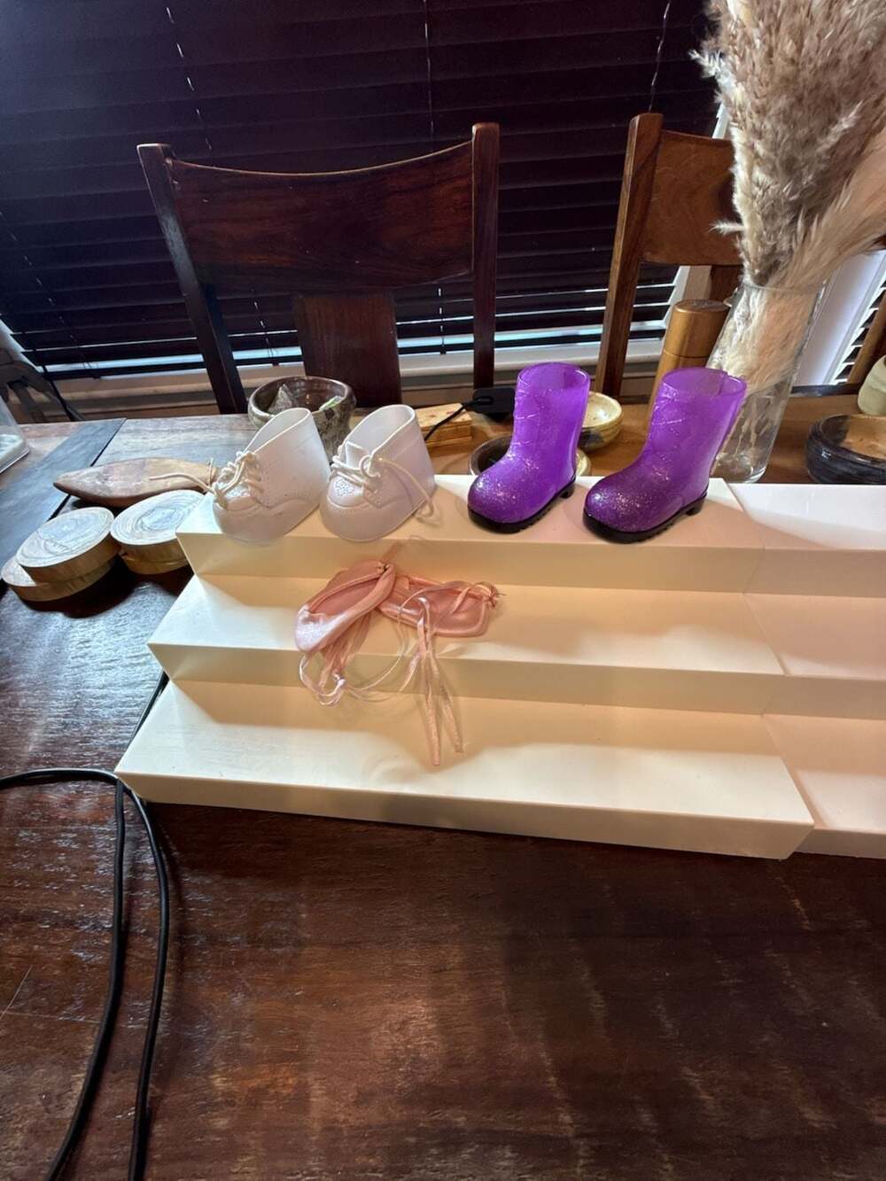 Lot of 3 Pairs of 18-Inch Doll Shoes: Purple Glitter Boots, White Lace-Up Sneake